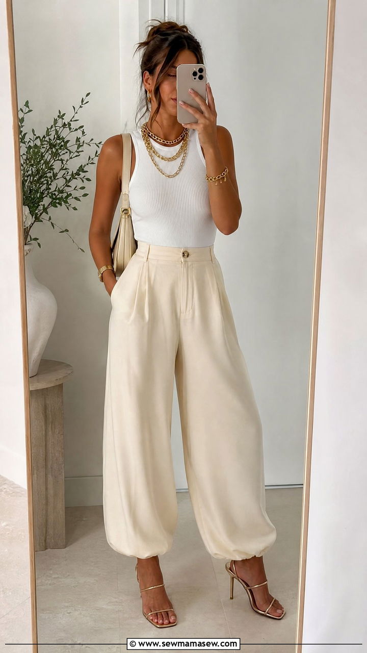 Balloon Pants With Simple White Vest And Gold Accessories - 30 cute balloon pants outfits