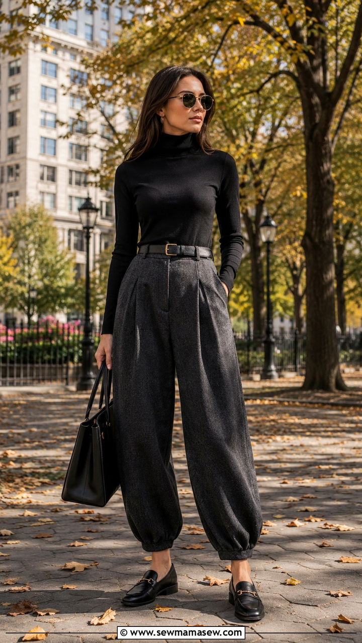 Balloon Pants With Turtleneck and Loafers - 25 balloon pants outfits inspo