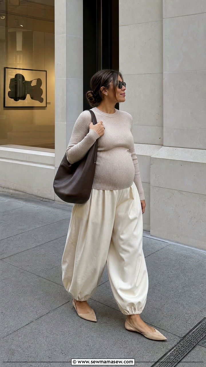 Balloon Pants and Fitted Sweater Pregnancy Outfit - 20 Non maternity maternity outfit ideas