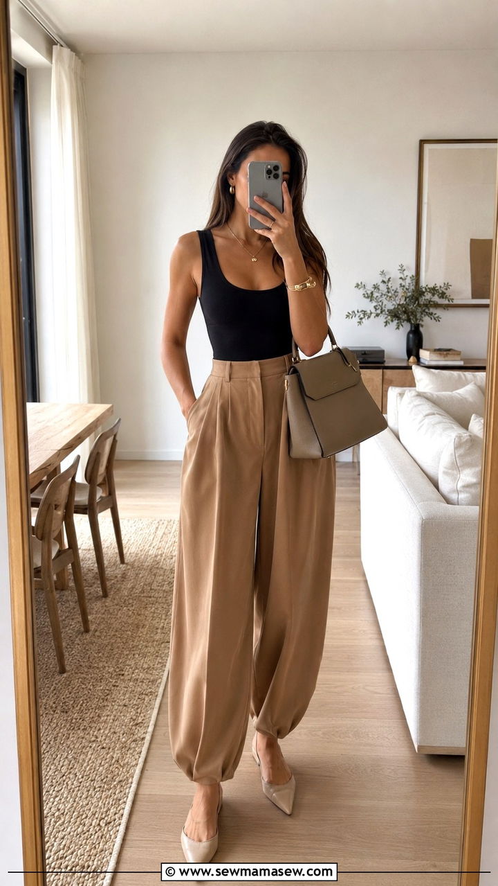Balloon Pants with Bodysuit and Pointed Toe Flats - 20 casual balloon pants outfits