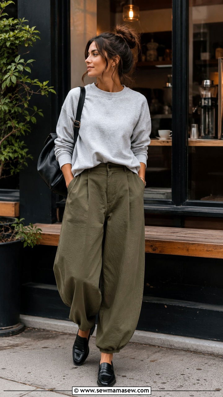 Balloon Pants with Crewneck Sweatshirt and Loafers - 20 casual balloon pants outfits