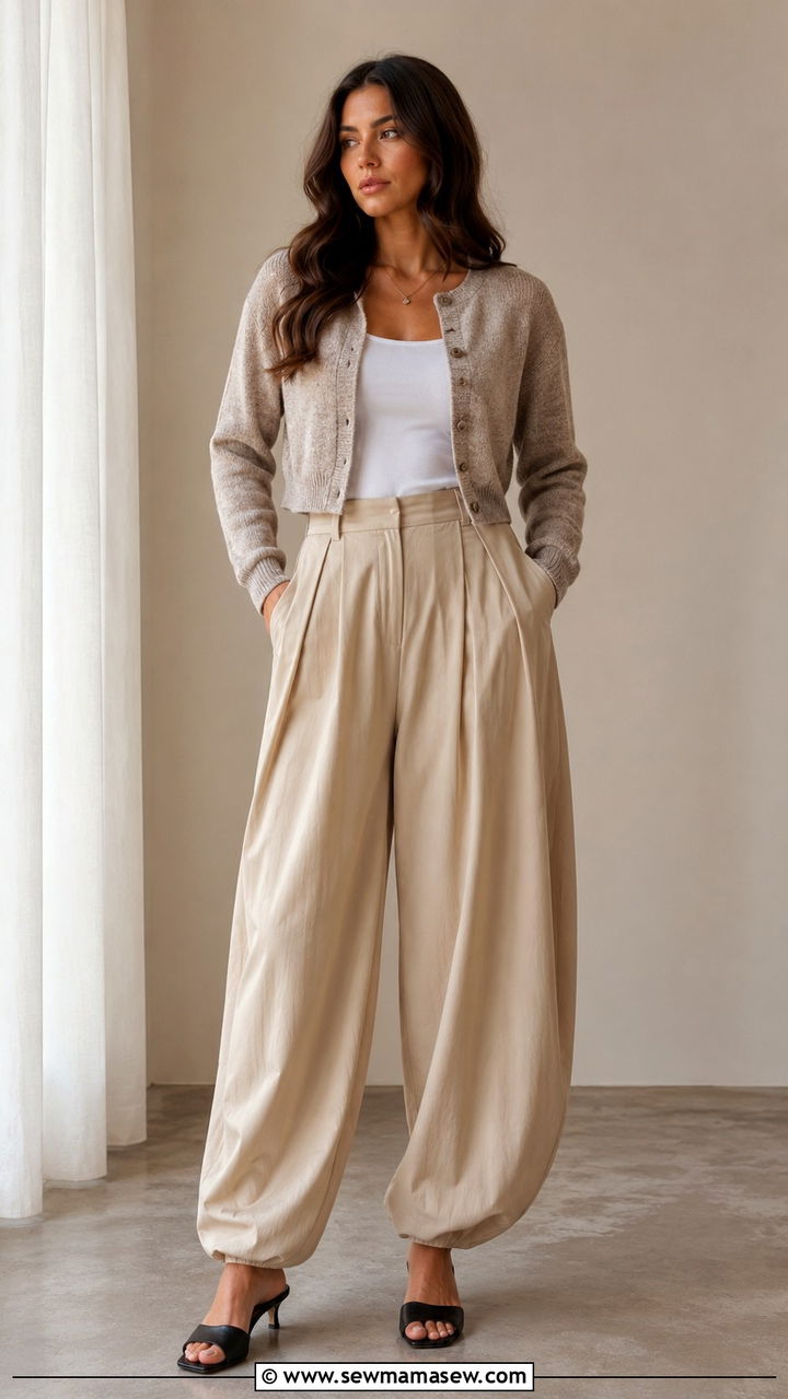 Balloon Pants with Cropped Cardigan and Mules - 20 casual balloon pants outfits
