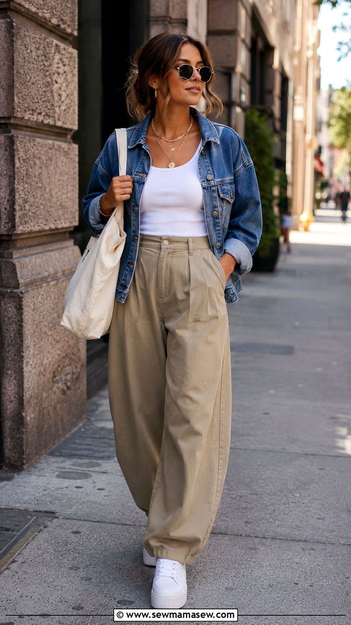 Balloon Pants with Denim Jacket and Platform Sneakers - 20 casual balloon pants outfits