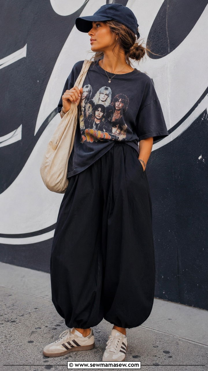Balloon Pants with Graphic Tee and Retro Sneakers - 20 casual balloon pants outfits