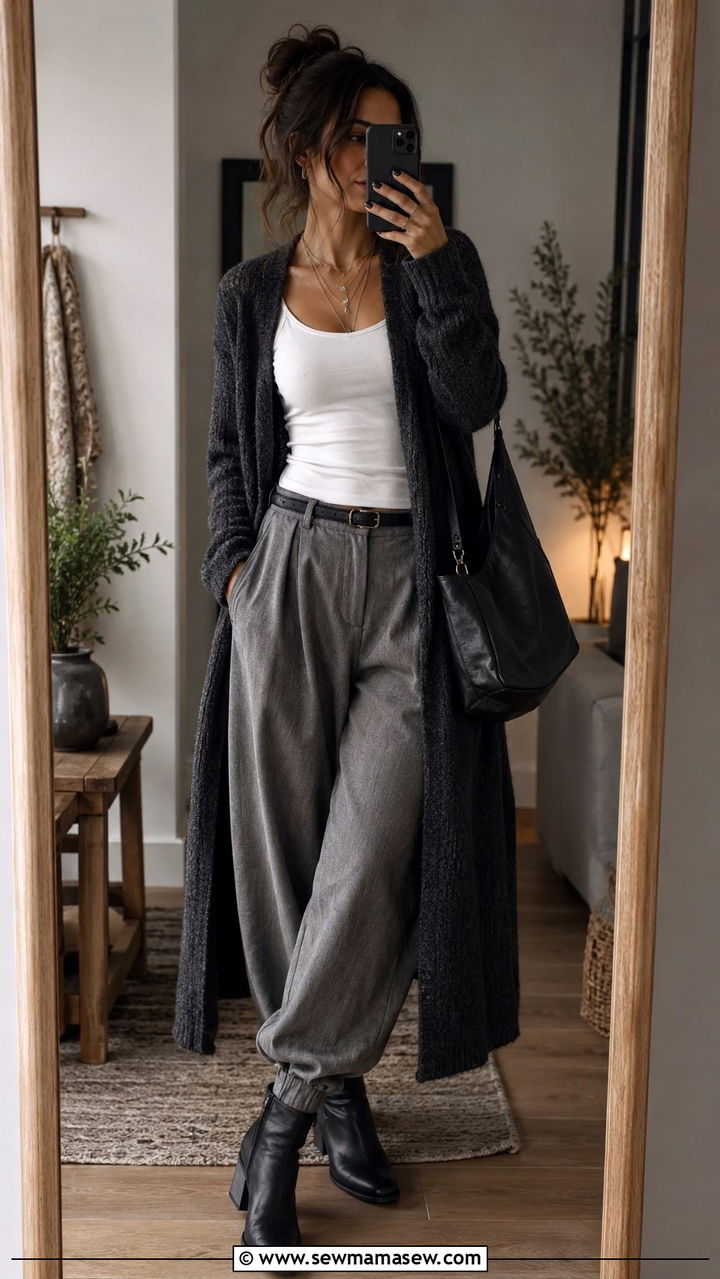 Balloon Pants with Longline Cardigan and Ankle Boots - 20 casual balloon pants outfits