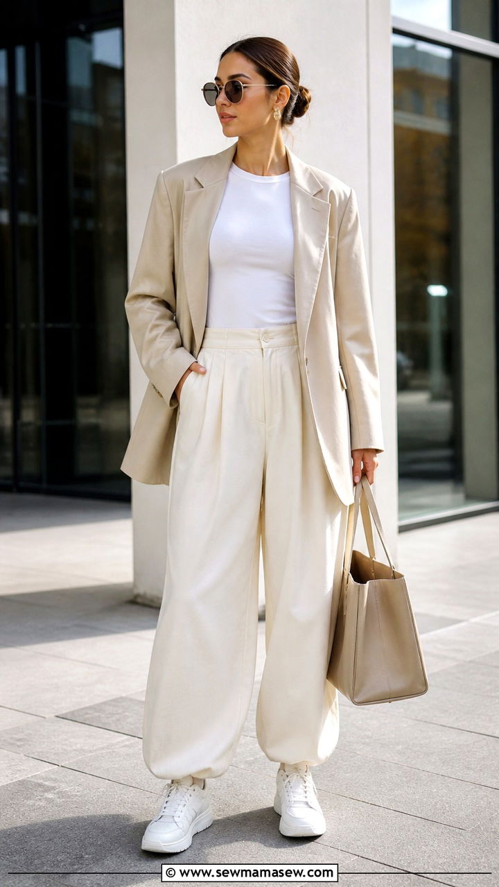 Balloon Pants with Oversized Blazer and Sneakers - 20 casual balloon pants outfits