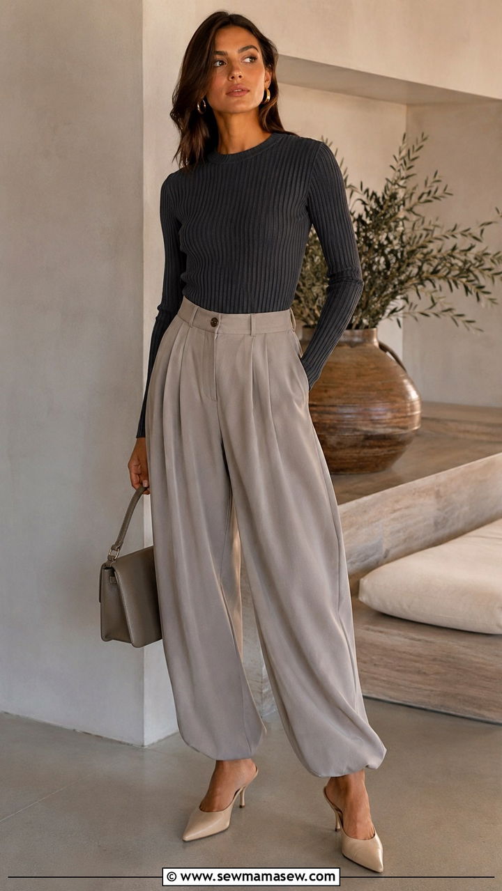 Balloon Pants with Ribbed Knit Top and Kitten Heels - 20 casual balloon pants outfits
