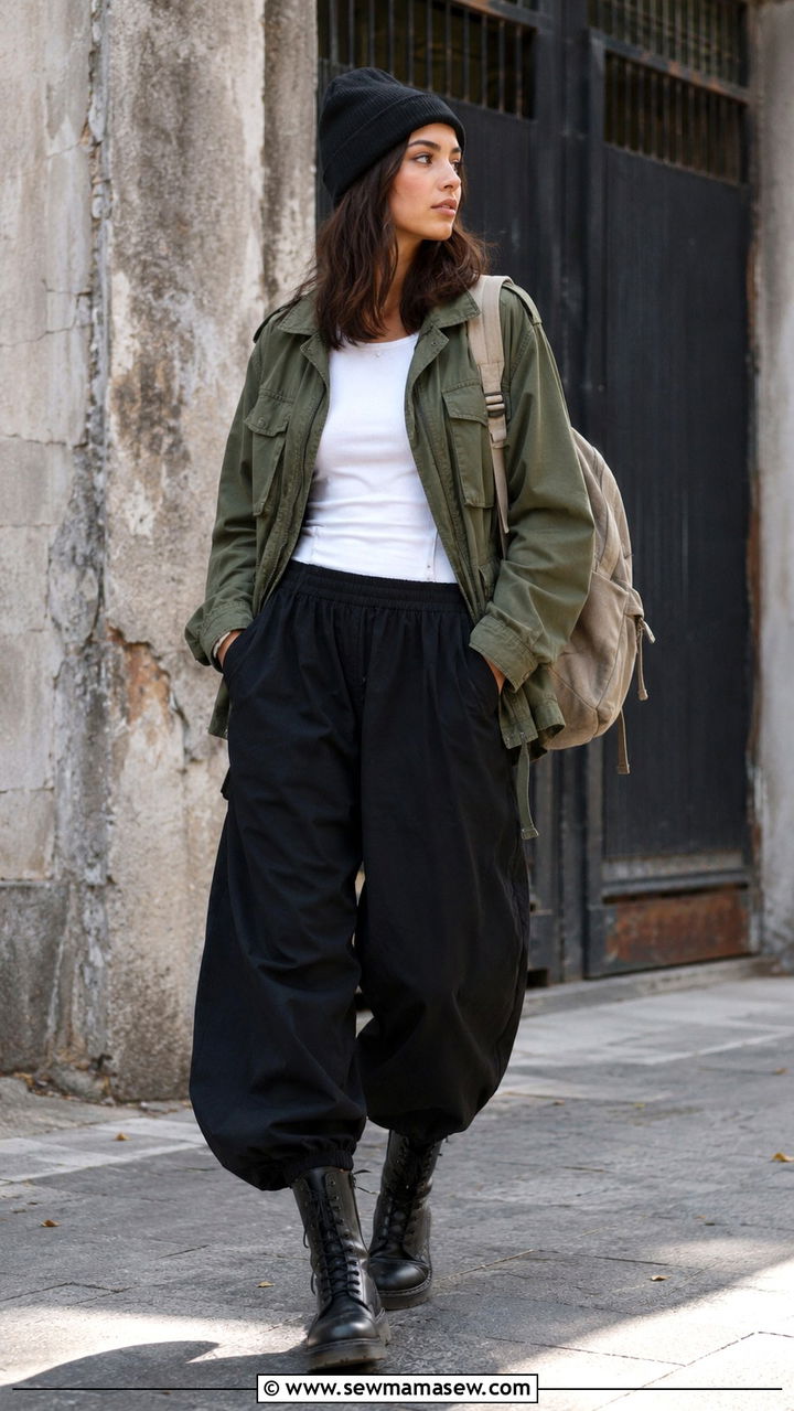Balloon Pants with Utility Jacket and Combat Boots - 20 casual balloon pants outfits