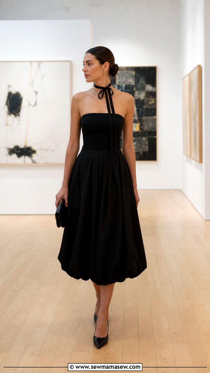 Balloon Skirt With a Black Bow Choker and Classic Pumps - 20 Art gallery opening outfit ideas