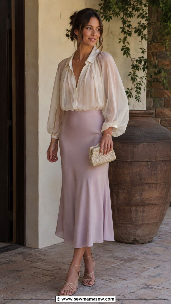 Balloon Sleeve Blouse with Midi Skirt - 30 casual romantic outfits