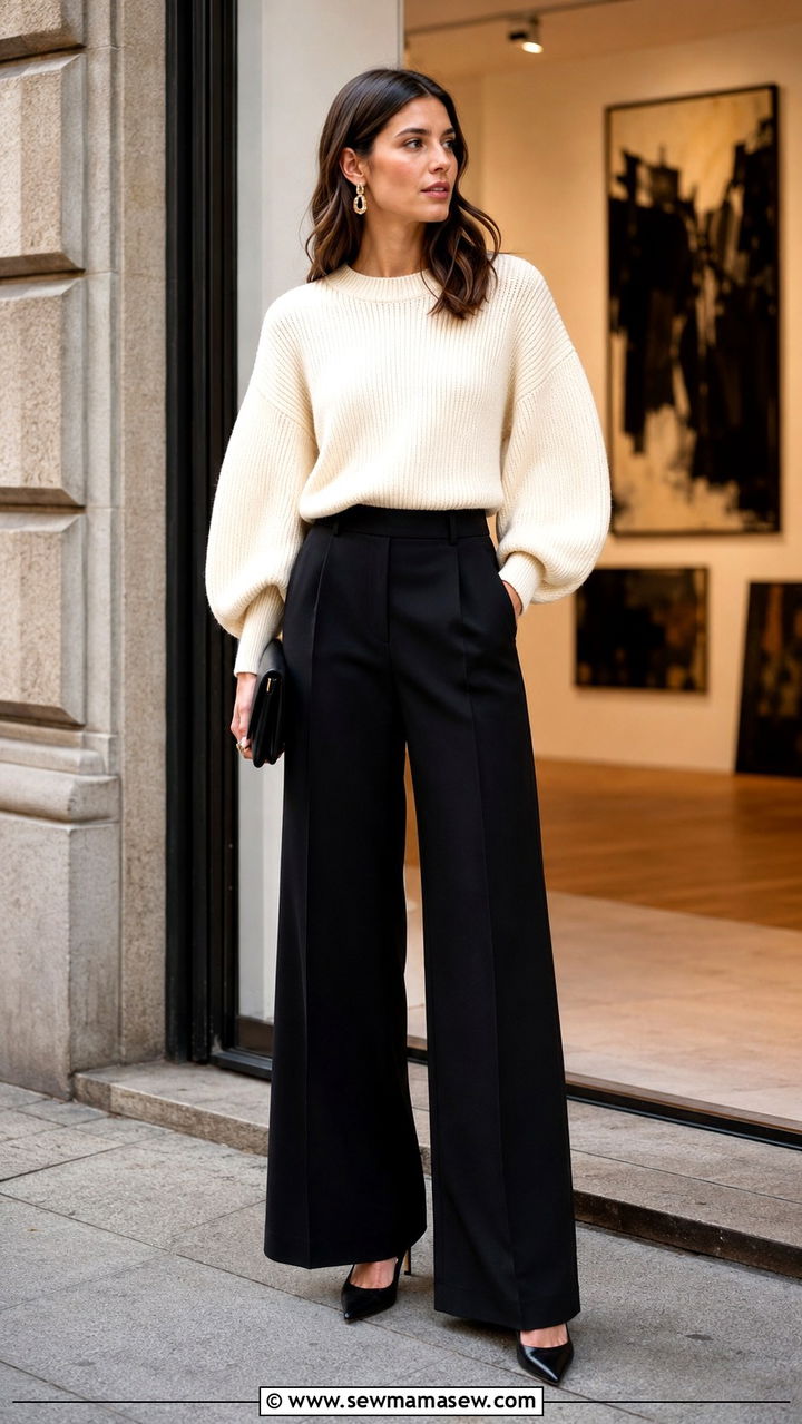 Balloon Sleeve Sweater With Wide Leg Trousers - 25 Wide leg pants outfit ideas with a sweater