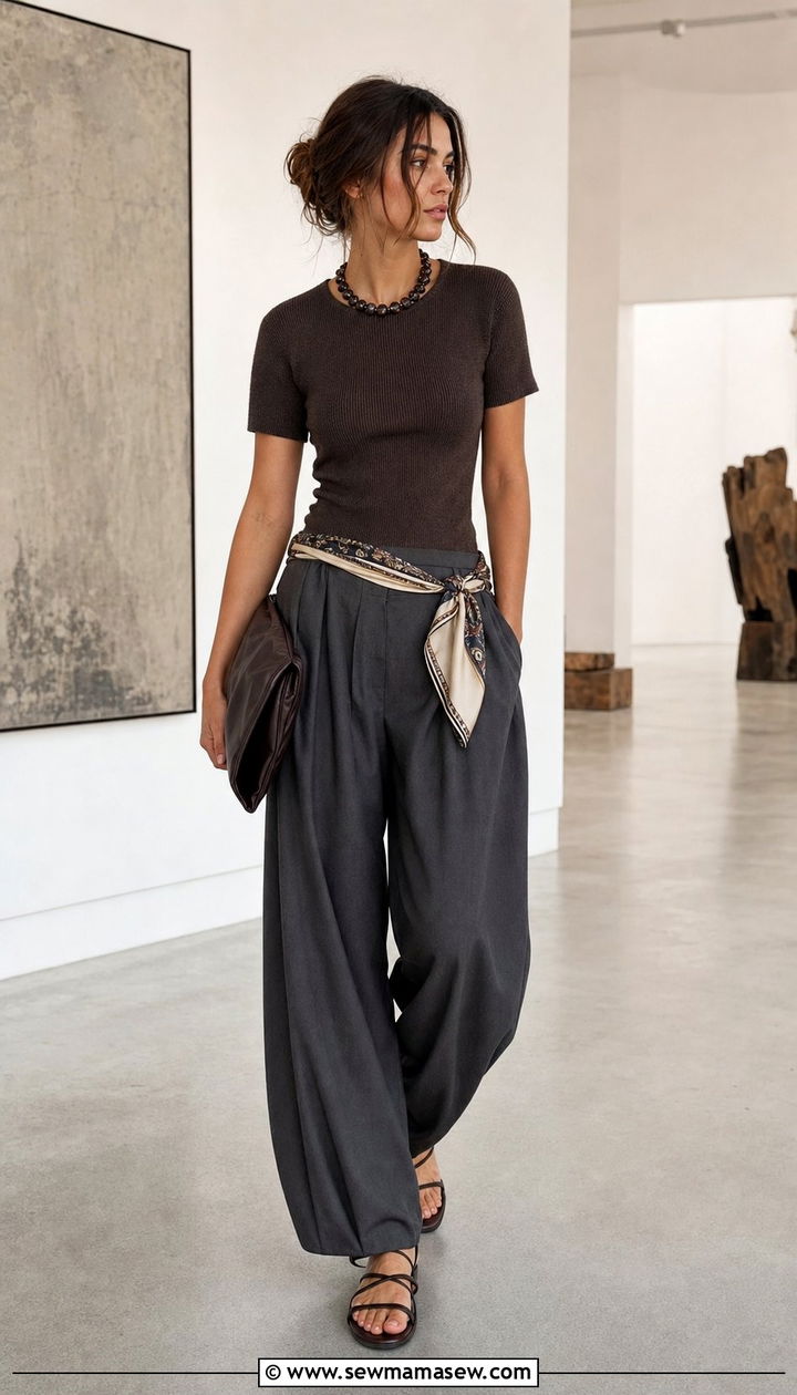 Balloon Trousers with Scarf Belt Outfit - 25 spring outfits 2026 women trends