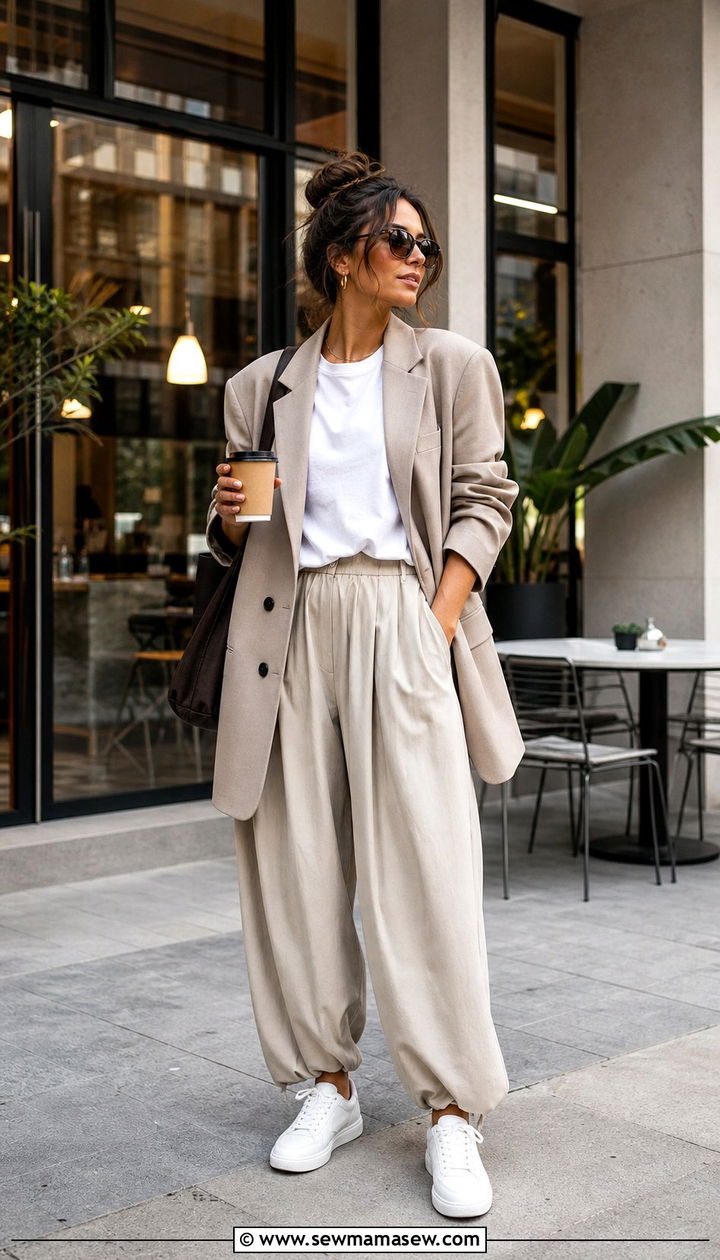 Balloon pants with blazer and sneakers - 35 balloon pants outfits for women