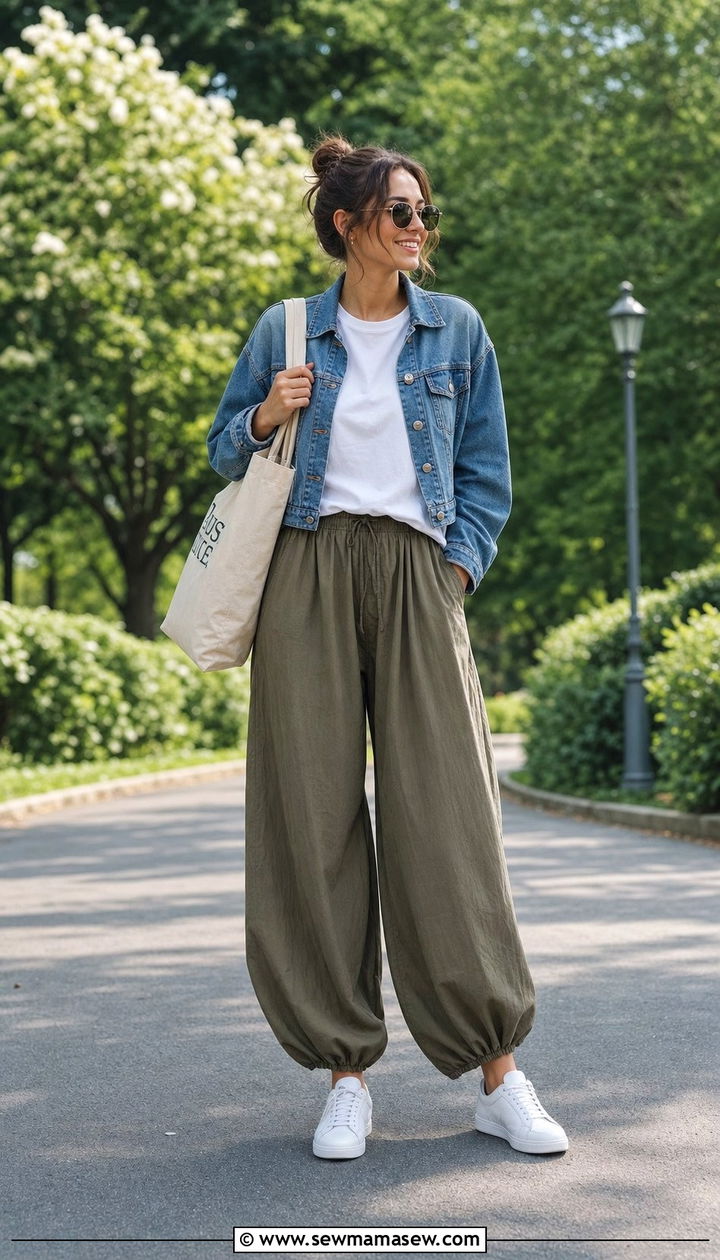 Balloon pants with denim jacket - 35 balloon pants outfits for women