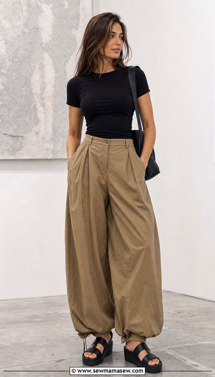 Balloon pants with fitted tee and platform sandals - 25 spring summer 2026 outfits inspo