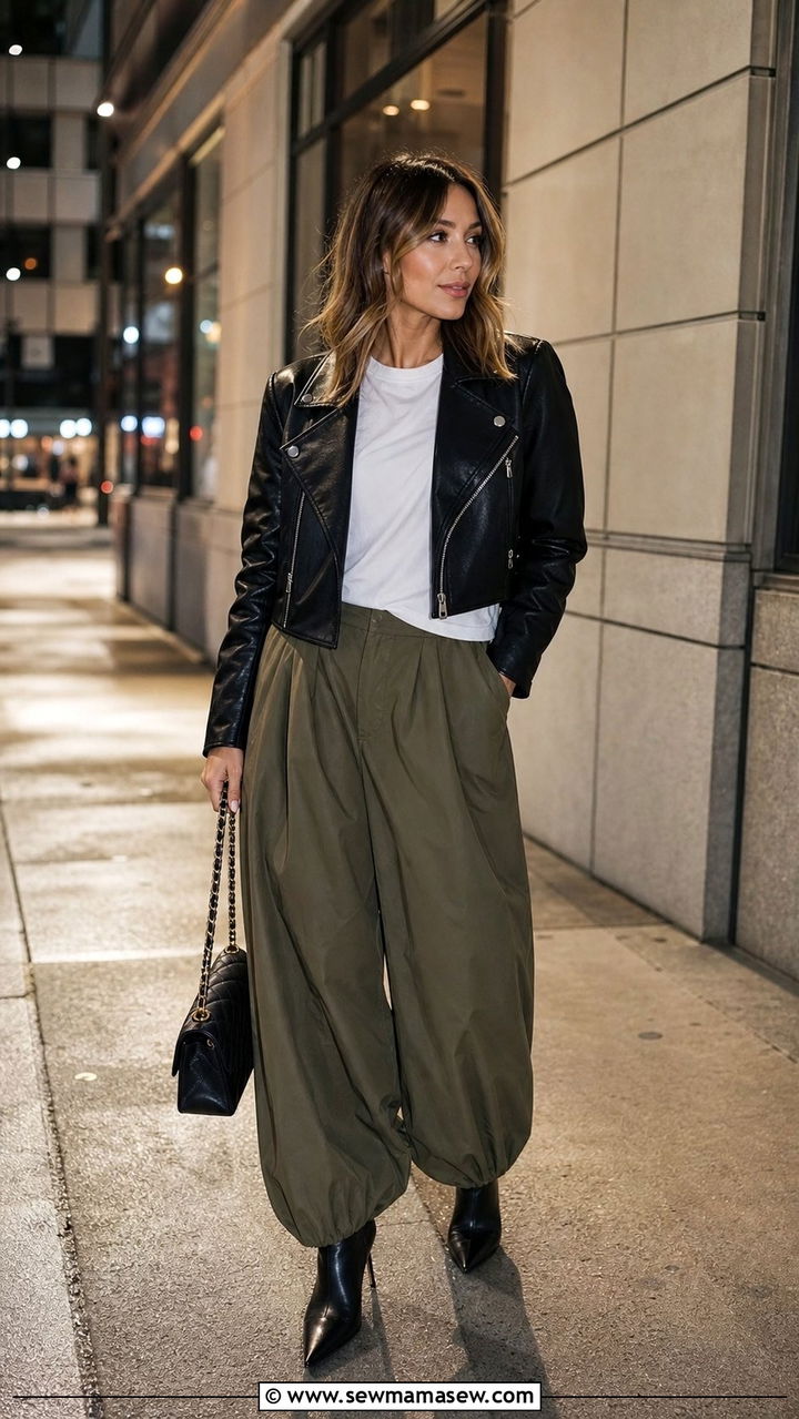 Balloon pants with leather jacket - 35 balloon pants outfits for women
