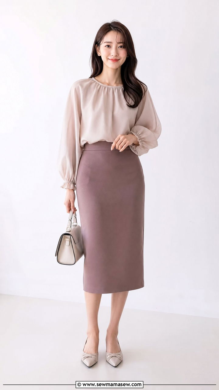 Balloon sleeve blouse with a midi pencil skirt and pointed flats - 25 Petite outfit ideas to avoid