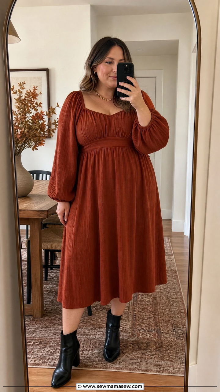 Balloon sleeve midi dress with ankle boots - 25 Flattering outfits for big arms