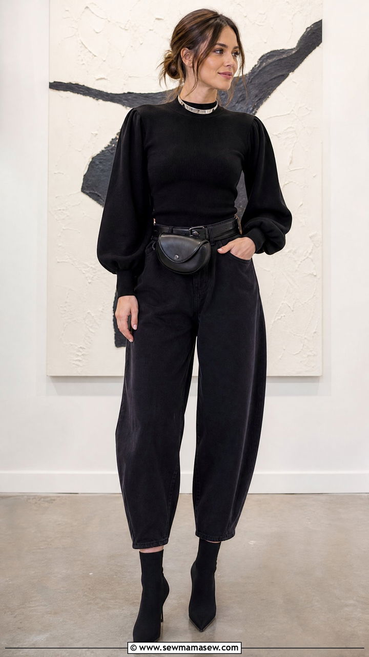 Balloon sleeve sweater with barrel jeans and sock boots - 25 Barrel jeans outfit ideas with a sweater