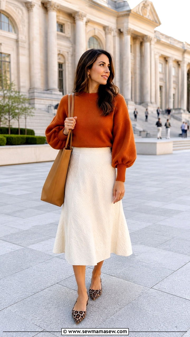 Balloon sleeve sweater with midi skirt and pointed toe flats - 30 Midi skirt outfit ideas with a sweater