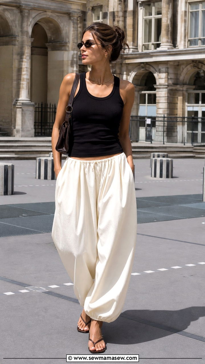 Balloon trousers with a fitted tank top and elevated flip flops - 40 spring casual outfit ideas