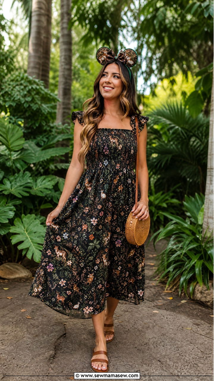 Bambi floral forest print midi dress for Animal Kingdom - 30 Disney outfit ideas for honeymoon