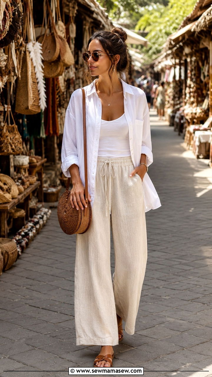 Bamboo Button Up With Linen Wide Leg Pants - 25 Bali spring outfit ideas