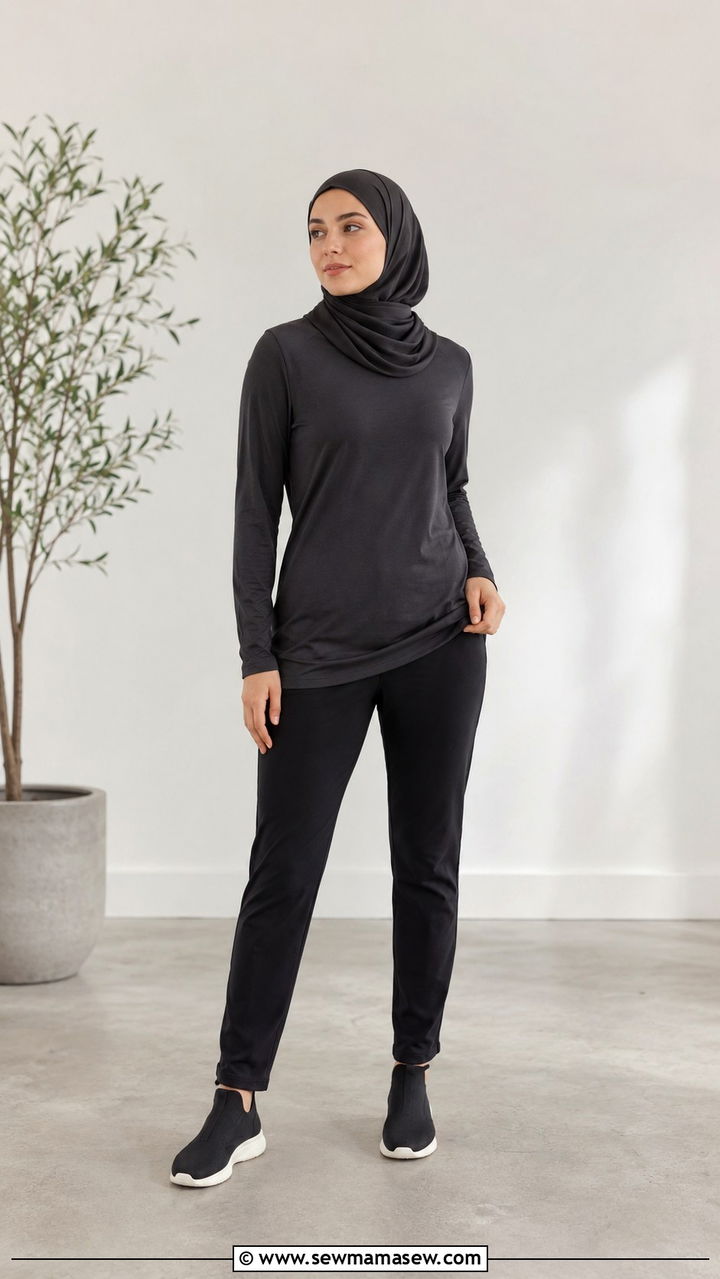 Bamboo Jersey Long Sleeve with Stretch Ponte Pants - 25 Modest gym outfit ideas with hijab