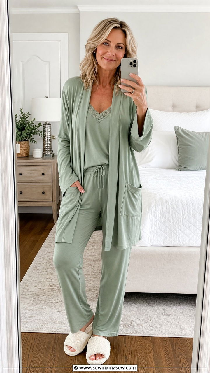 Bamboo Pajama Set with Robe Outfit - 35 Loungewear outfit ideas for women over 40