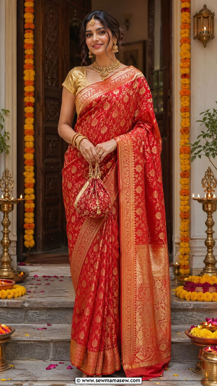 Banarasi Silk Saree With Temple Jewellery For Diwali - 35 Diwali outfit ideas for women