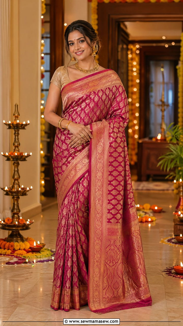 Banarasi silk saree with gold blouse - 35 Diwali party outfit ideas