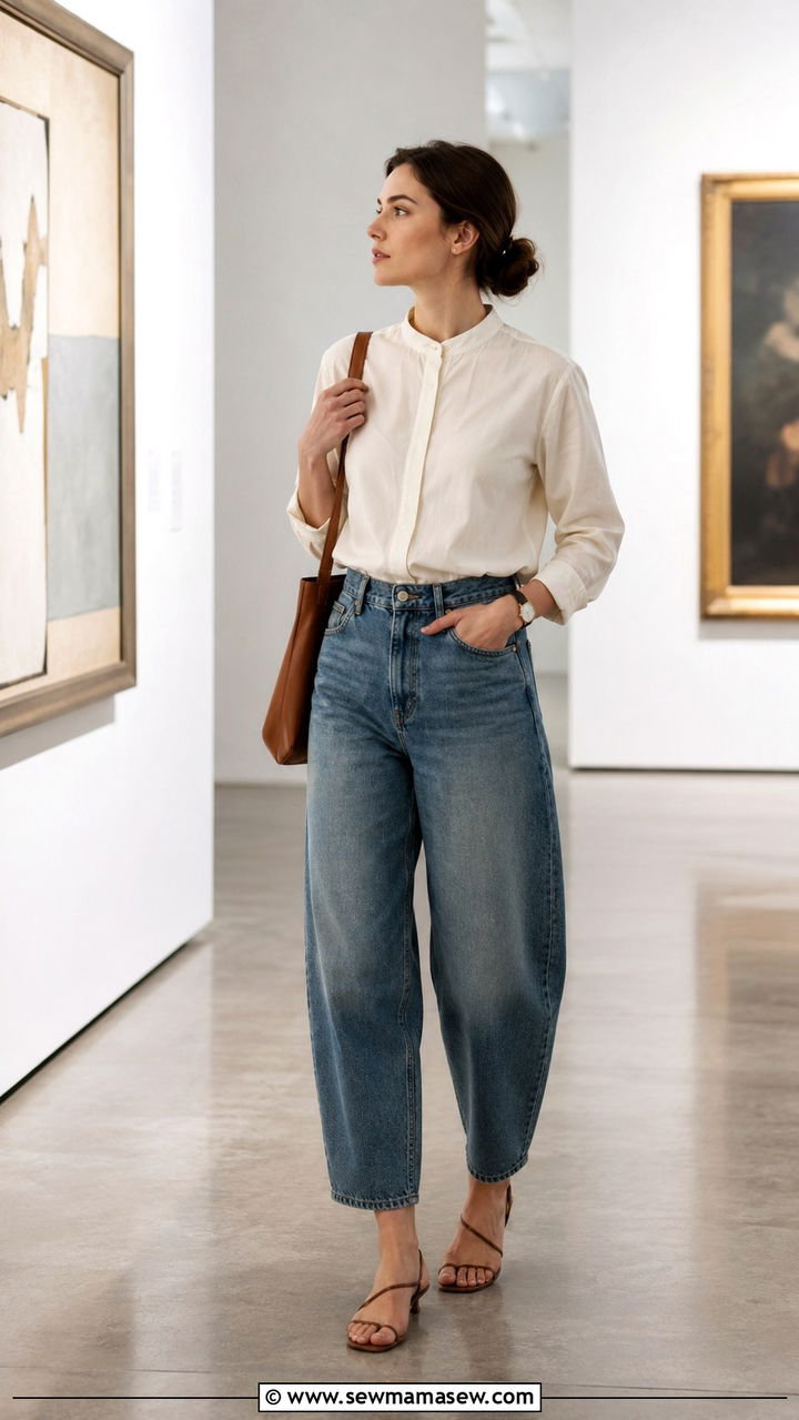 Band Collar Button Down With Barrel Jeans and Strappy Sandals - 25 Barrel jeans outfit ideas with a button down