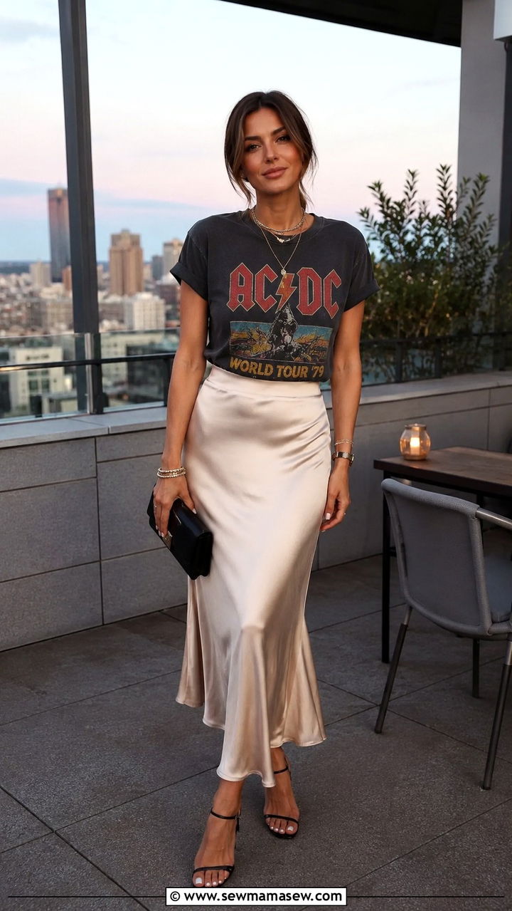 Band Graphic Tee with Satin Slip Midi Skirt - 30 Midi skirt outfit ideas with a tee