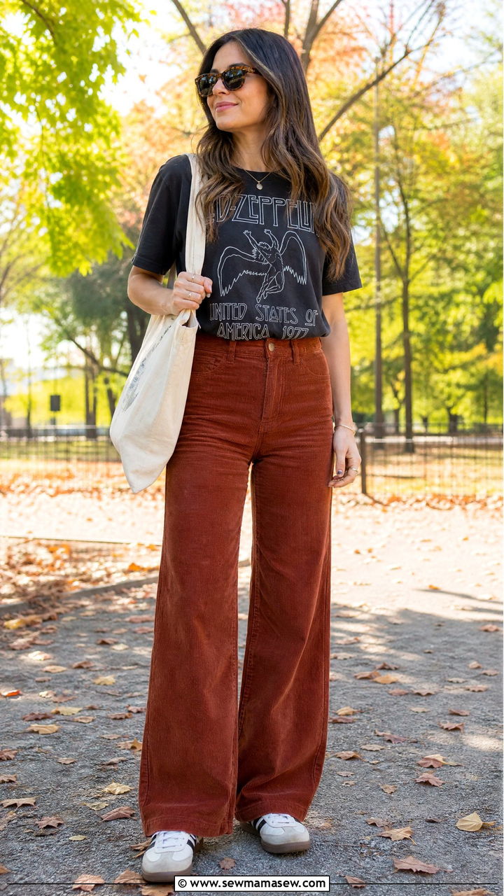 Band T Shirt with Corduroy Pants and Retro Sneakers - 25 Band t-shirt outfit ideas