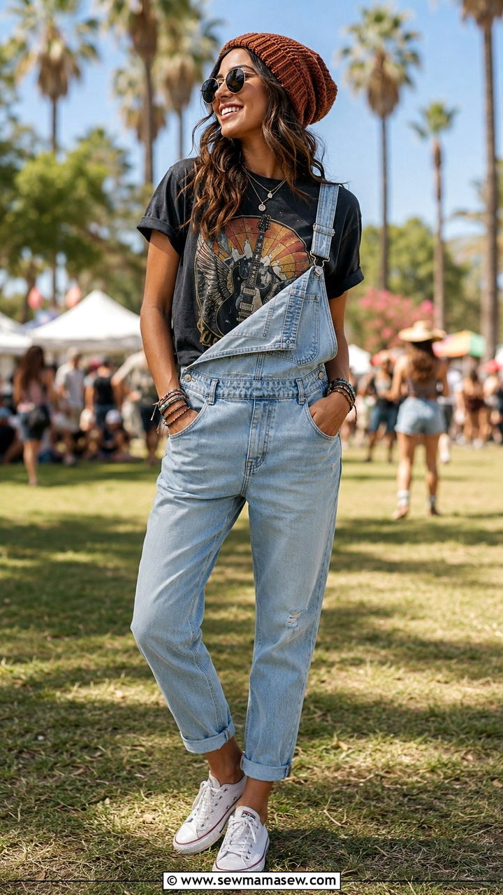 Band T Shirt with Overalls - 25 Band t-shirt outfit ideas