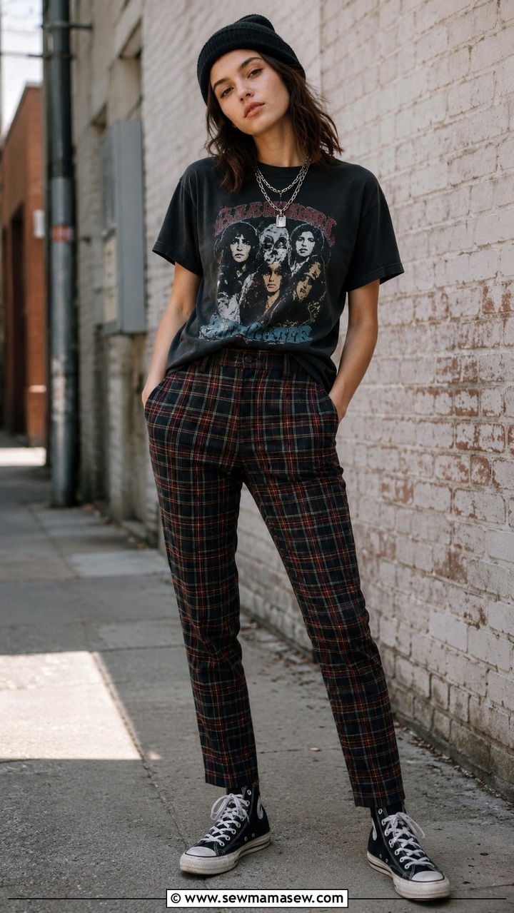 Band T Shirt with Plaid Pants and Converse - 25 Band t-shirt outfit ideas