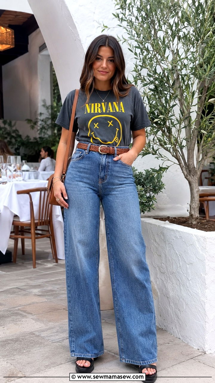 Band T Shirt with Wide Leg Jeans and Platform Sandals - 25 Band t-shirt outfit ideas