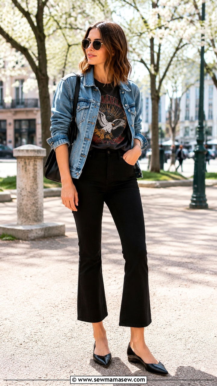 Band T Shirt with a Denim Jacket and Cropped Trousers - 25 Band t-shirt outfit ideas