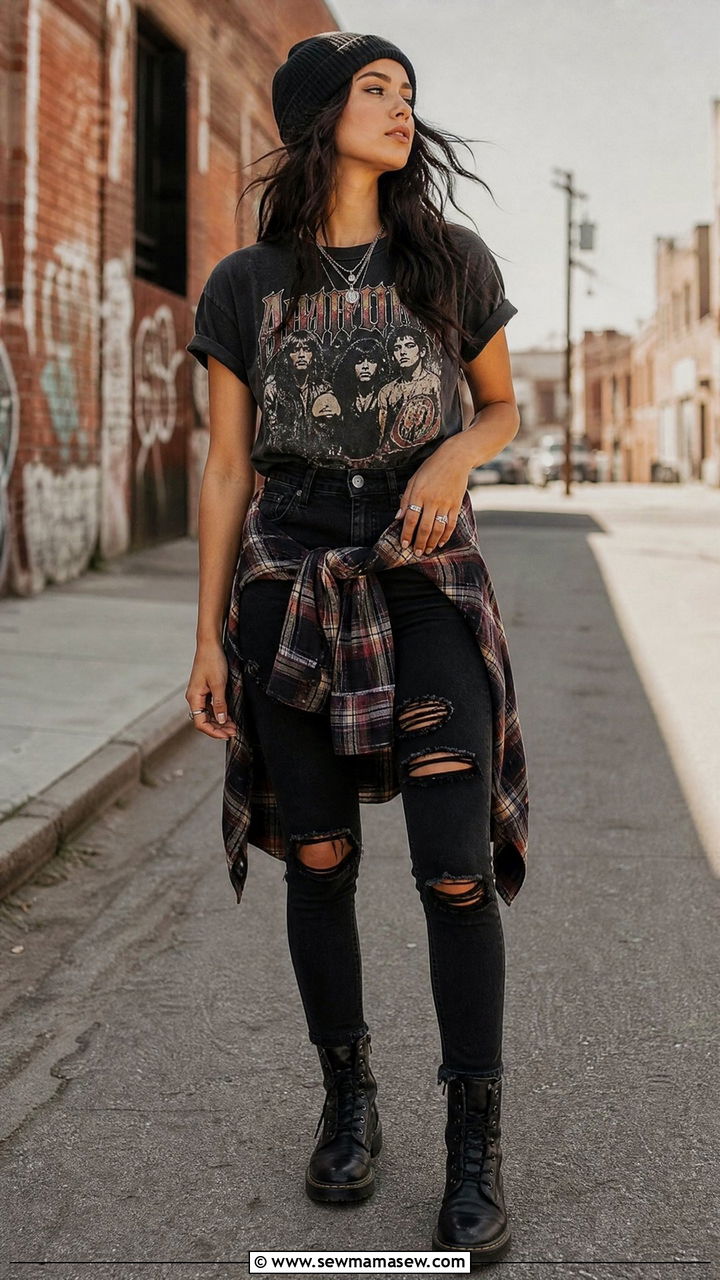 Band T Shirt with a Flannel Shirt Tied Around the Waist - 25 Band t-shirt outfit ideas