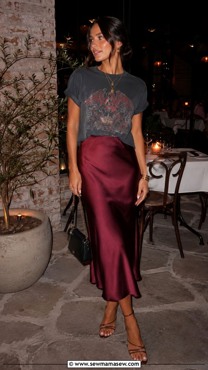 Band T Shirt with a Satin Midi Skirt and Heeled Sandals - 25 Band t-shirt outfit ideas