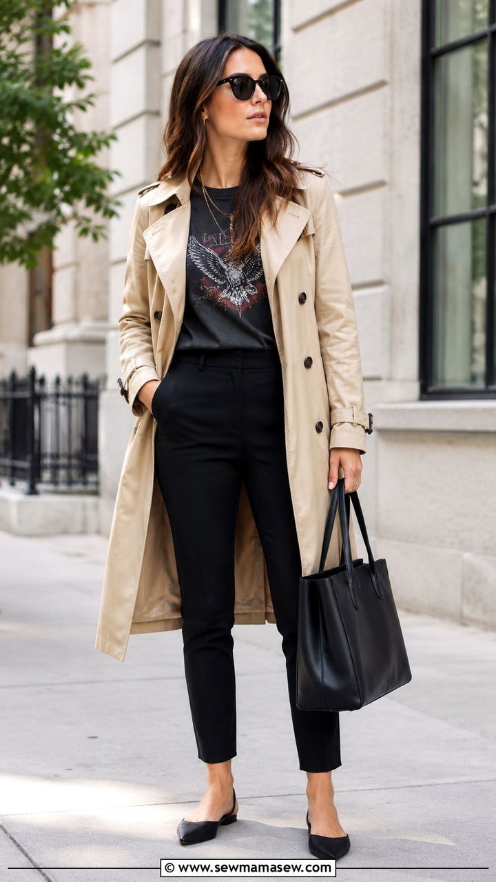 Band T Shirt with a Trench Coat and Slim Trousers - 25 Band t-shirt outfit ideas