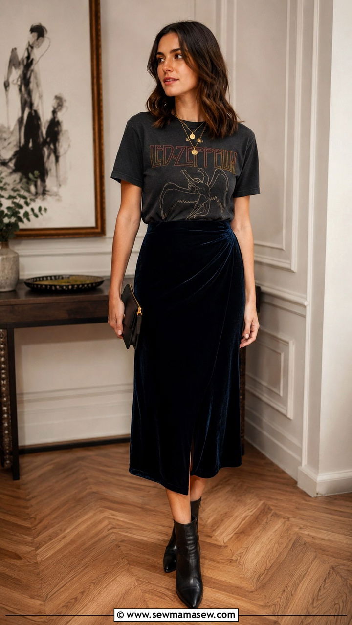 Band T Shirt with a Velvet Skirt and Ankle Boots - 25 Band t-shirt outfit ideas