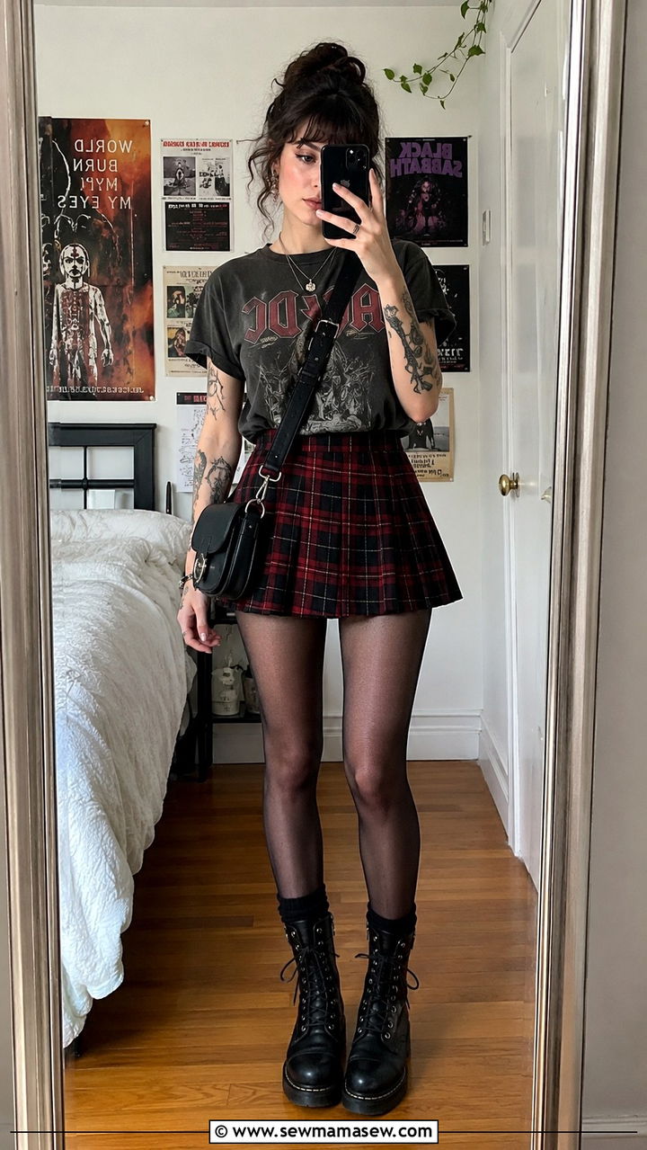 Band Tee And Plaid Pleated Skirt Outfit - 30 Pleated skirt outfit ideas with a tee