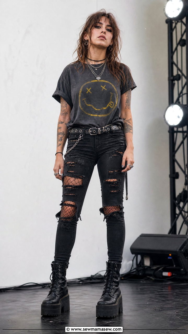 Band Tee And Ripped Black Skinny Jeans Outfit - 25 Grunge outfit ideas 2026