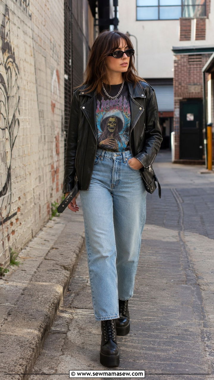 Band Tee Leather Jacket Retro Look - 30 spring retro outfit ideas