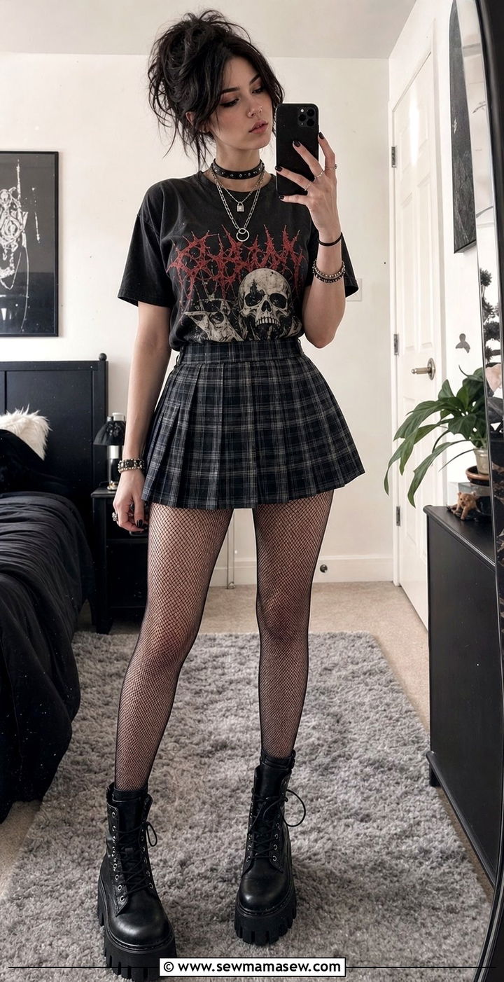 Band Tee Tucked Into Plaid Mini Skirt With Fishnets And Boots - 25 cute grunge outfits