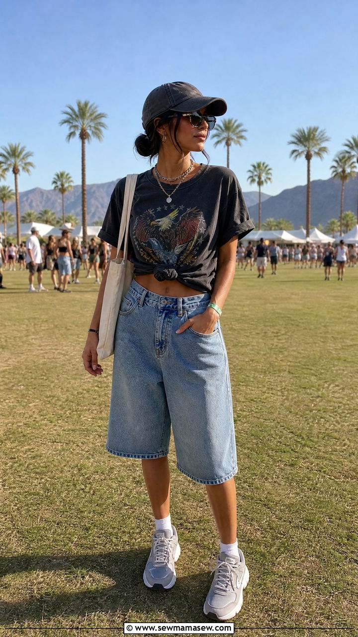 Band Tee With Baggy Jorts And Chunky Sneakers - 20 Coachella outfits 2026