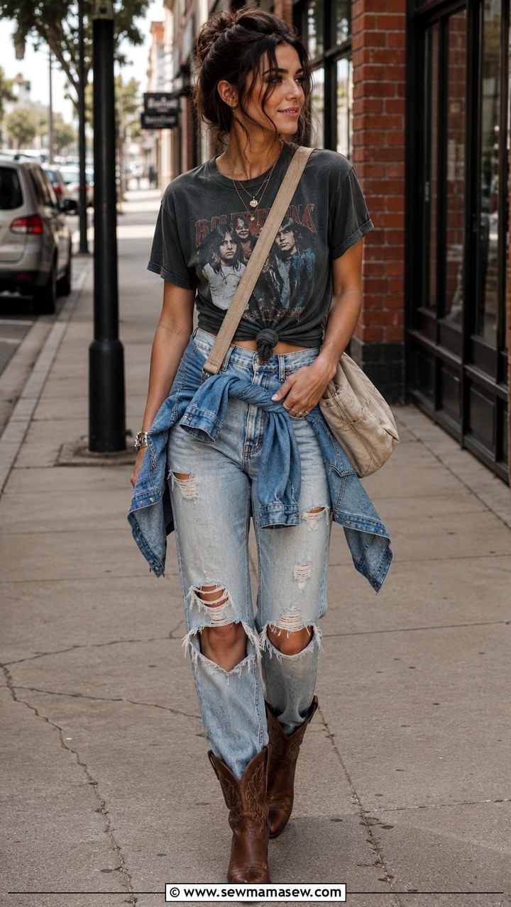 Band Tee With Distressed Jeans - 30 Nashville outfit ideas for women