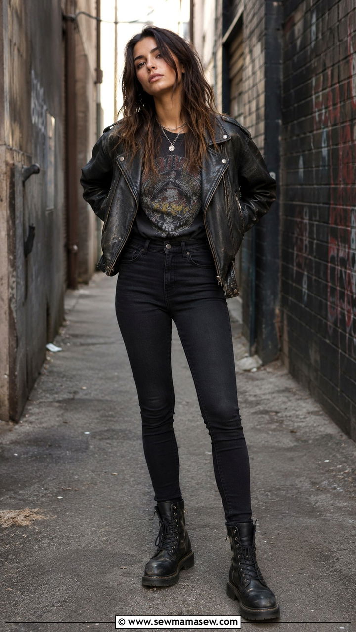 Band Tee With Leather Jacket and Black Skinny Jeans - 30 grunge outfits aesthetic