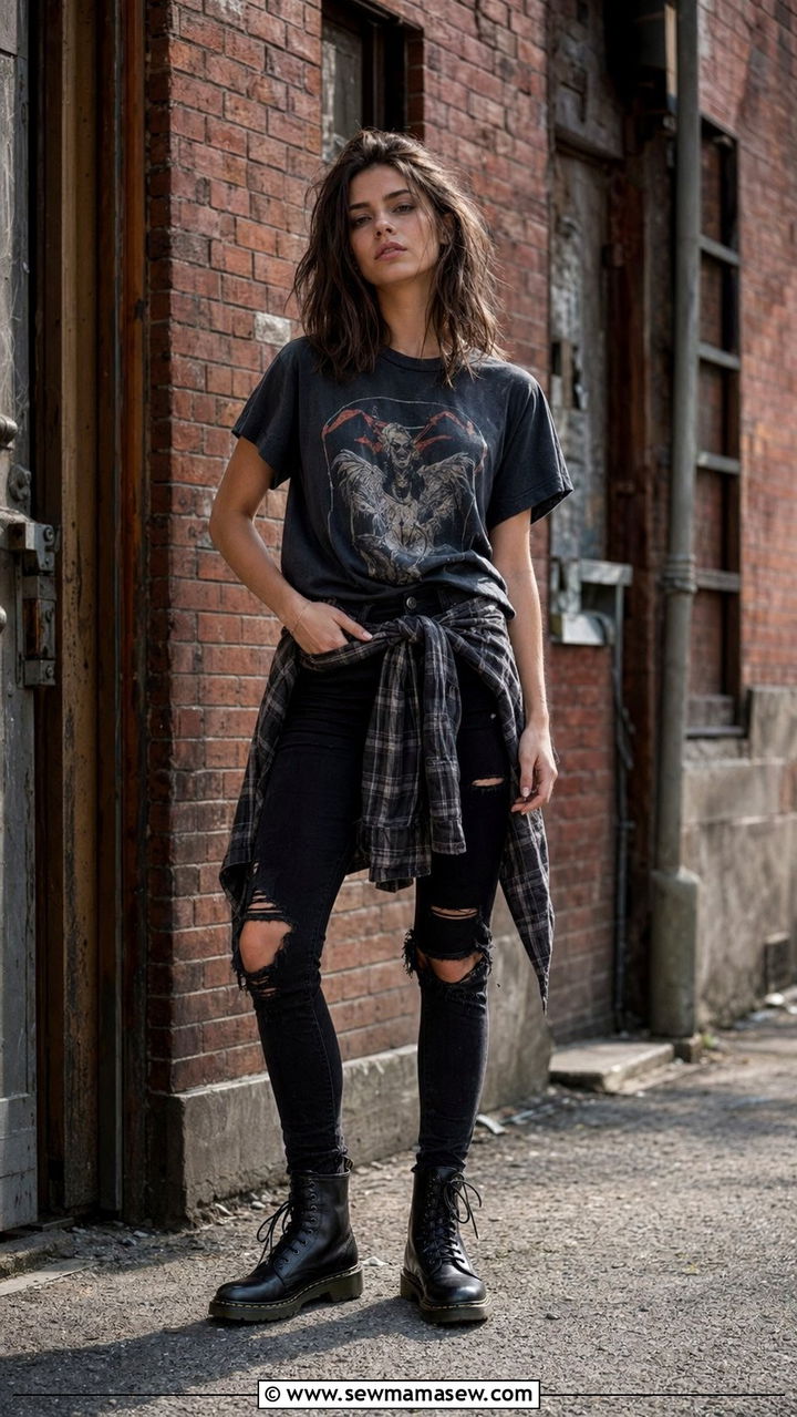 Band Tee With Ripped Black Jeans And Combat Boots - 35 aesthetic outfits for women